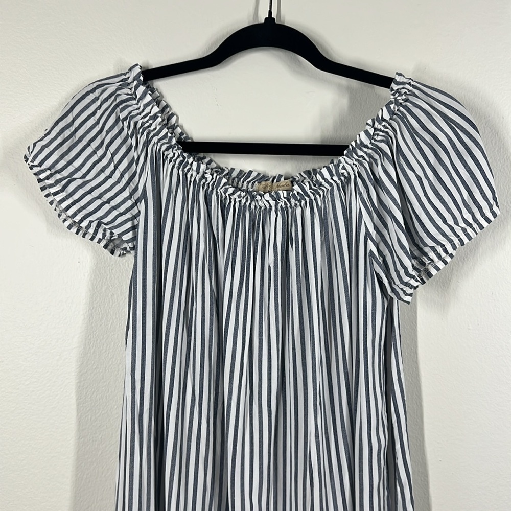 Mia Moda Womens Blue and White Striped Baby Doll Mini Summer Dress Elastic Neck - Picture 4 of 9